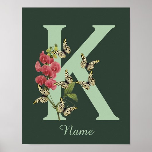 Butterflies Flower Monogram Initial K Personalized ポスター (正面)