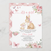Butterflies It's a Girl Bunny Baby Shower 招待状 (正面/裏面)