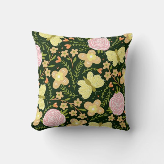 BUTTERFLIES n FLOWERS THROW PILLOW クッション (正面)