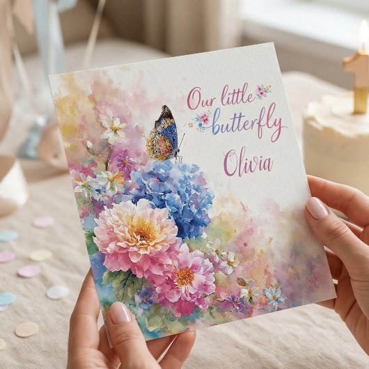 Butterfly 1st Birthday Invitation Pink Floral 招待状