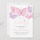 Butterfly 1st Birthday Invitation Pink Purple Girl 招待状 (正面)
