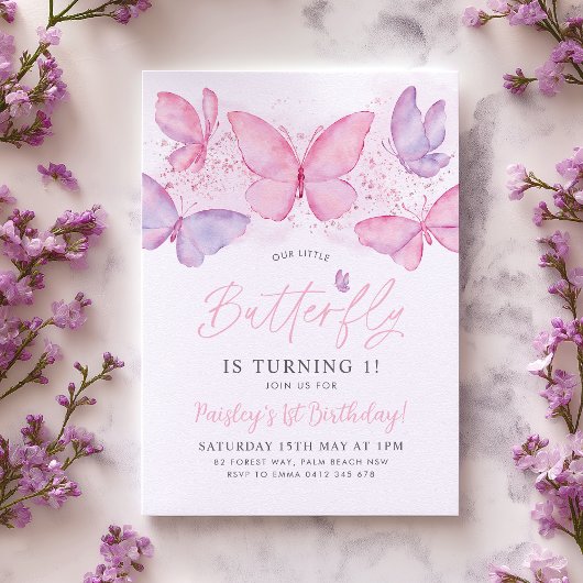 Butterfly 1st Birthday Invitation Pink Purple Girl 招待状