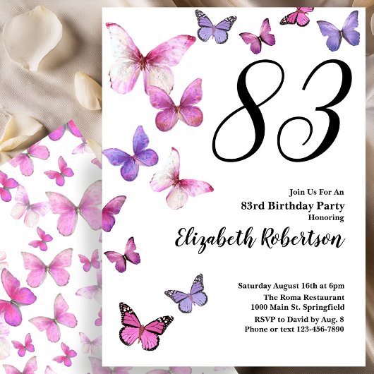 Butterfly 83rd Birthday Invitation in Pink /Purple 招待状
