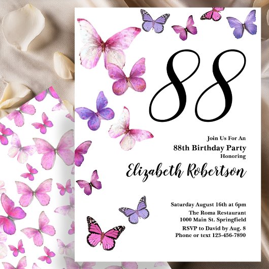 Butterfly 88th Birthday Invitation in Pink /Purple 招待状