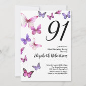 Butterfly 91st Birthday Invitation in Pink /Purple 招待状 (正面)