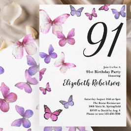 Butterfly 91st Birthday Invitation in Pink /Purple 招待状