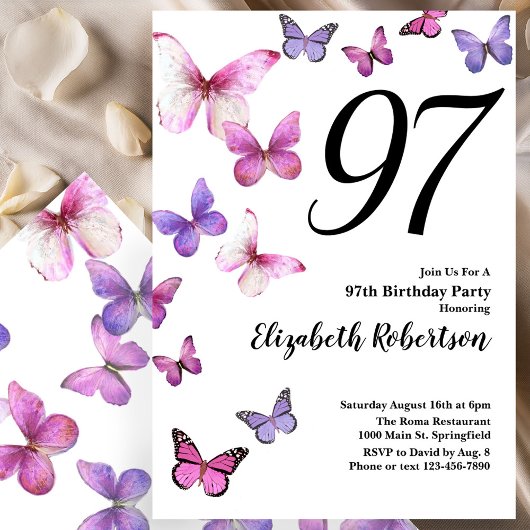 Butterfly 97th Birthday Invitation in Pink Purple 招待状