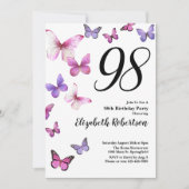 Butterfly 98th Birthday Invitation in Pink Purple 招待状 (正面)
