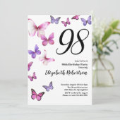 Butterfly 98th Birthday Invitation in Pink Purple 招待状 (スタンド正面)