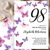 Butterfly 98th Birthday Invitation in Pink Purple 招待状