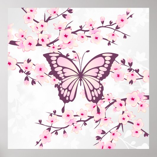 Butterfly And Cherry Blossom Pink White ポスター (正面)