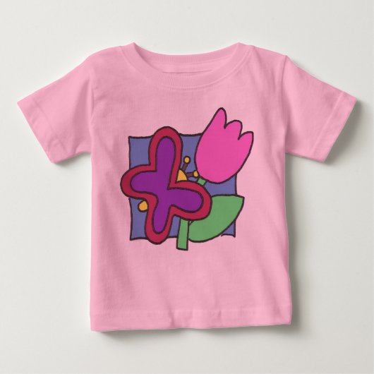 Butterfly and Tulip Colorful Childs Art  ベビーTシャツ (正面)