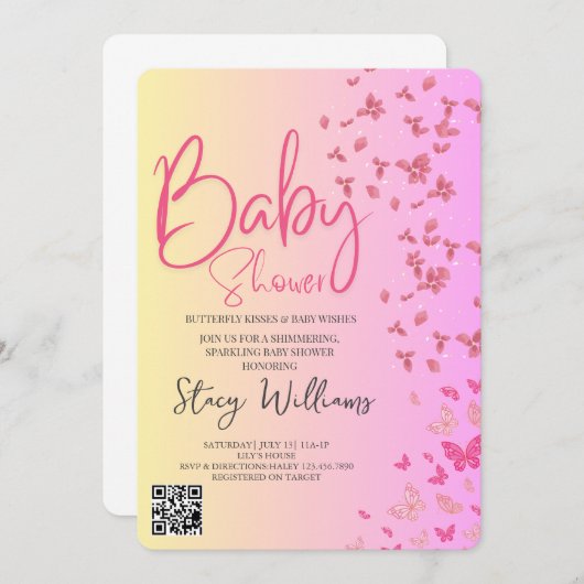 Butterfly Baby Shower 招待状 (正面/裏面)