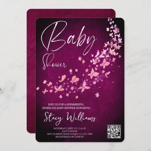 Butterfly Baby Shower 招待状 (正面/裏面)