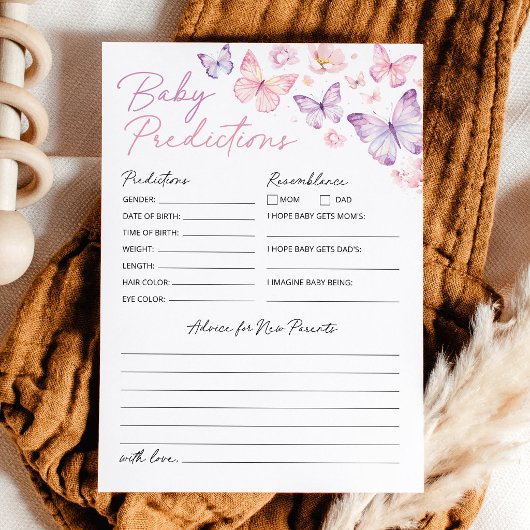 Butterfly Baby Shower Baby Predictions and アドバイスカード