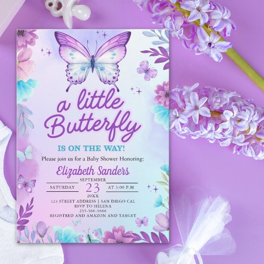 Butterfly Baby Shower for Girl | Pink & purple 招待状