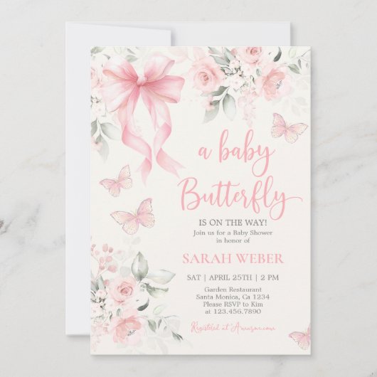 Butterfly Baby Shower Girl 招待状 (正面)