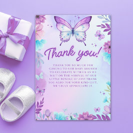 Butterfly Baby Shower Girl with Purple flowers サンキューカード