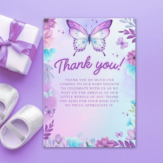 Butterfly Baby Shower Girl with Purple flowers サンキューカード