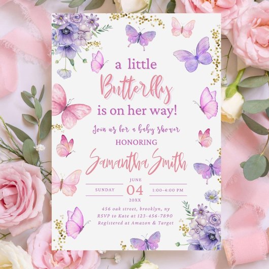 Butterfly Baby Shower Invitation, Pink Purple  招待状