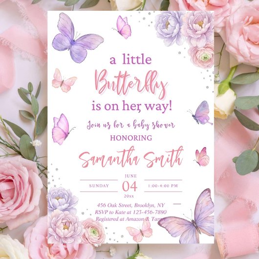 Butterfly Baby Shower Invitation, Pink Purple 招待状