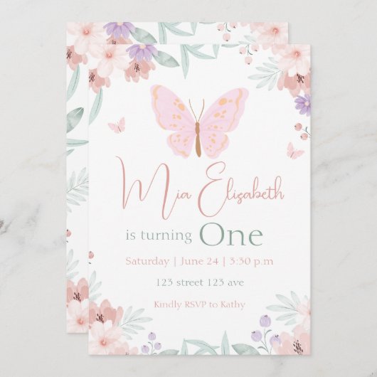 Butterfly Birthday 招待状 (正面/裏面)