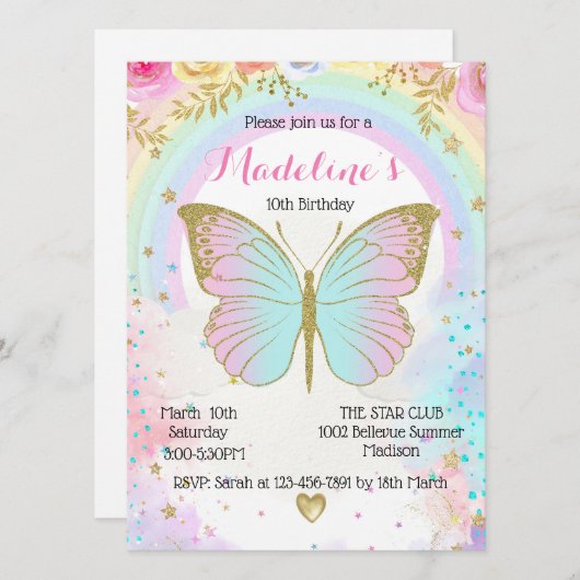 Butterfly Birthday invitation  招待状 (正面/裏面)