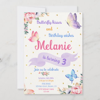 Butterfly Birthday Invitation Floral Party invite 招待状