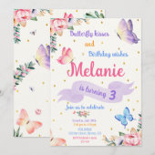 Butterfly Birthday Invitation Floral Party invite 招待状 (正面/裏面)