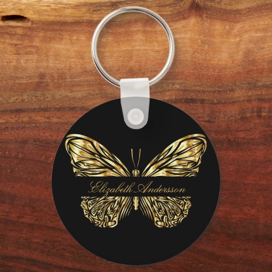 Butterfly black gold elegant name script キーホルダー (正面)