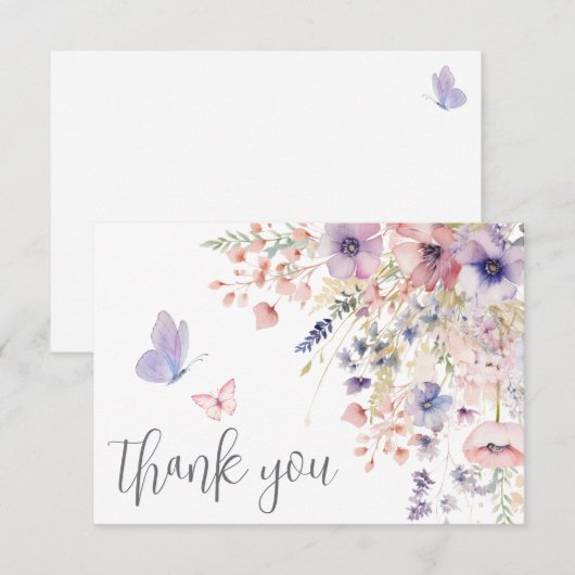 Butterfly Blush Pink Purple Wildflower サンキューカード (正面/裏面)
