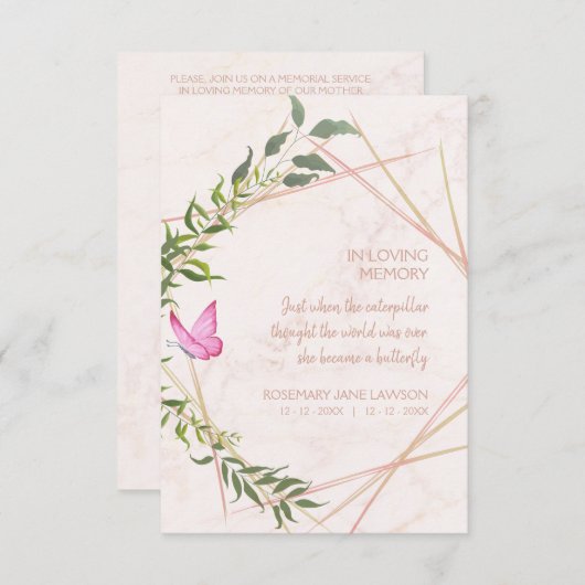 Butterfly Botanical Funeral Loved One Deceased 招待状 (正面/裏面)