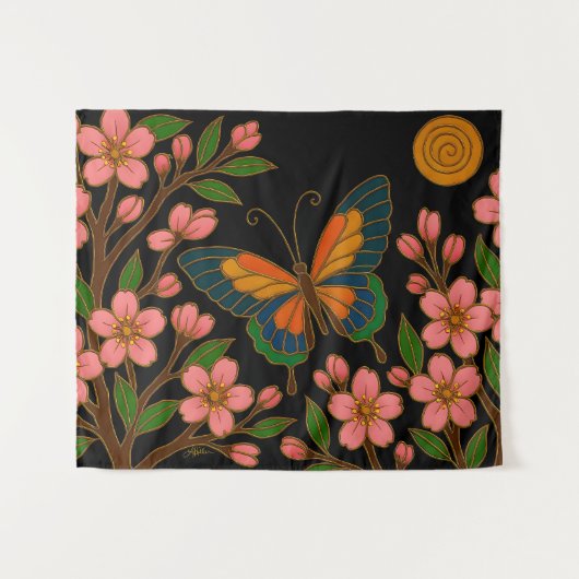 Butterfly Cherry Blossom Moon タペストリー (正面(横))