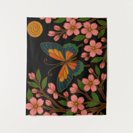 Butterfly Cherry Blossom Moon タペストリー (正面)