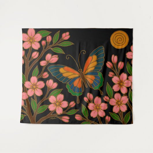 Butterfly Cherry Blossom Moon タペストリー (正面(横))