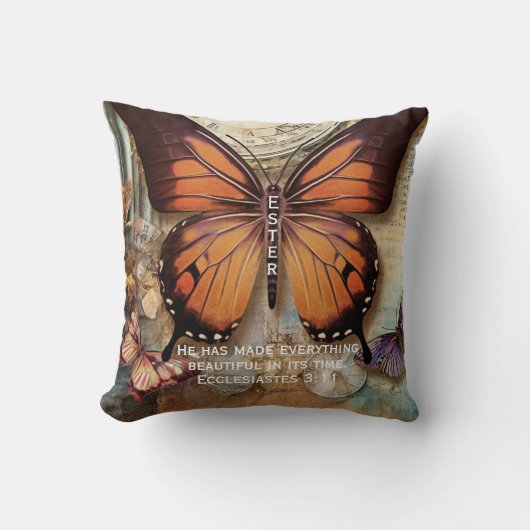 Butterfly Clock Throw Pillow Ecclesiastes 3:11  クッション (正面)