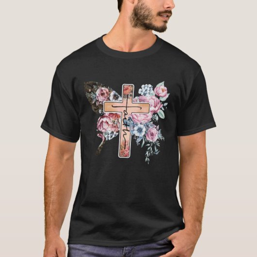 Butterfly Cross Faith Floral God Jesus Christian B Tシャツ (正面)