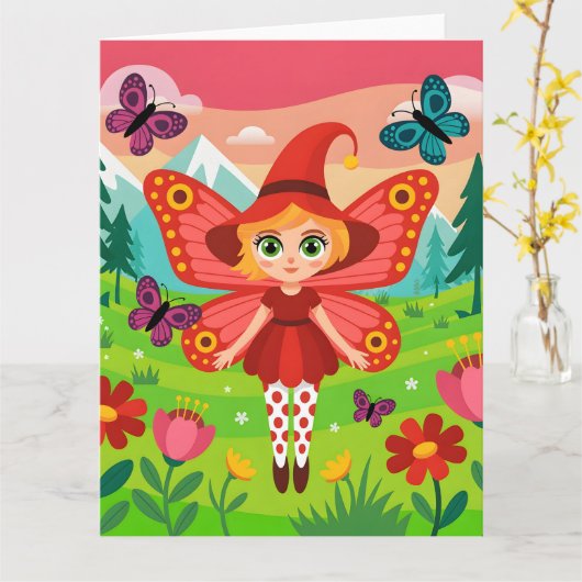 Butterfly Fairy Illustration in Whimsical Forest カード (黄色い花)