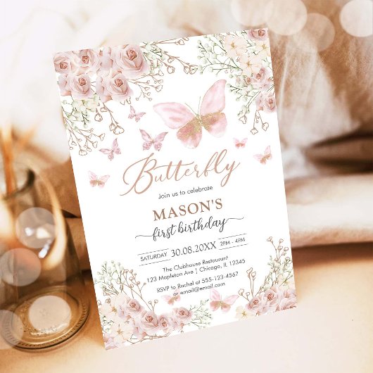 Butterfly Fairy Pink Girl Birthday Invitation 招待状