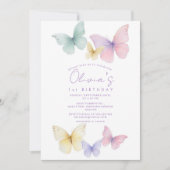Butterfly First Birthday Girl Invitation 招待状 (正面)