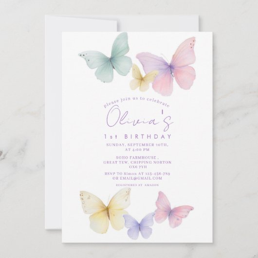 Butterfly First Birthday Girl Invitation 招待状 (正面)