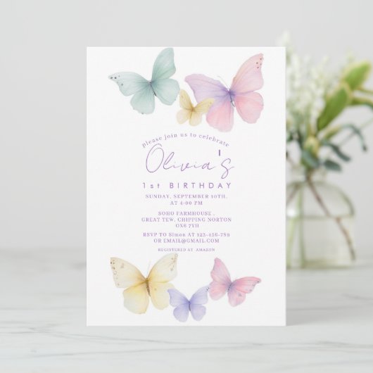 Butterfly First Birthday Girl  Invitation 招待状 (スタンド正面)