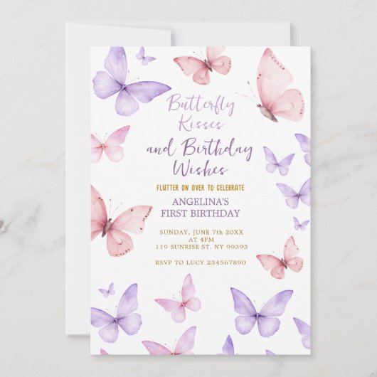 Butterfly First Birthday Invitation Girl 招待状 (正面)