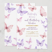 Butterfly First Birthday Invitation Girl 招待状 (正面/裏面)
