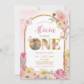 Butterfly Floral 1st Birthday Invitation With Phot 招待状 (正面)