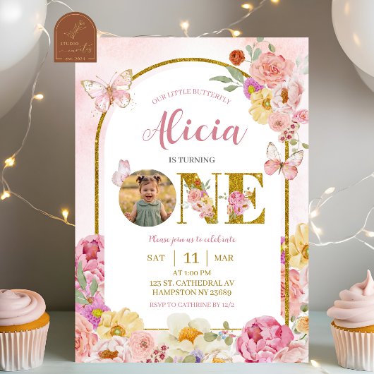 Butterfly Floral 1st Birthday Invitation With Phot 招待状