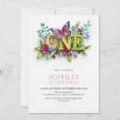 Butterfly Floral 1st Birthday Party 招待状 (正面)