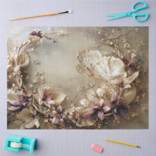 Butterfly & Floral, Botanical Oval Arrangement 薄葉紙 (クラフト)