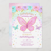 Butterfly Floral Girl Birthday Invitation 招待状 (正面/裏面)