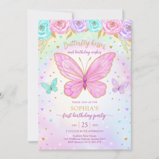 Butterfly Floral Girl Birthday Invitation 招待状 (正面)